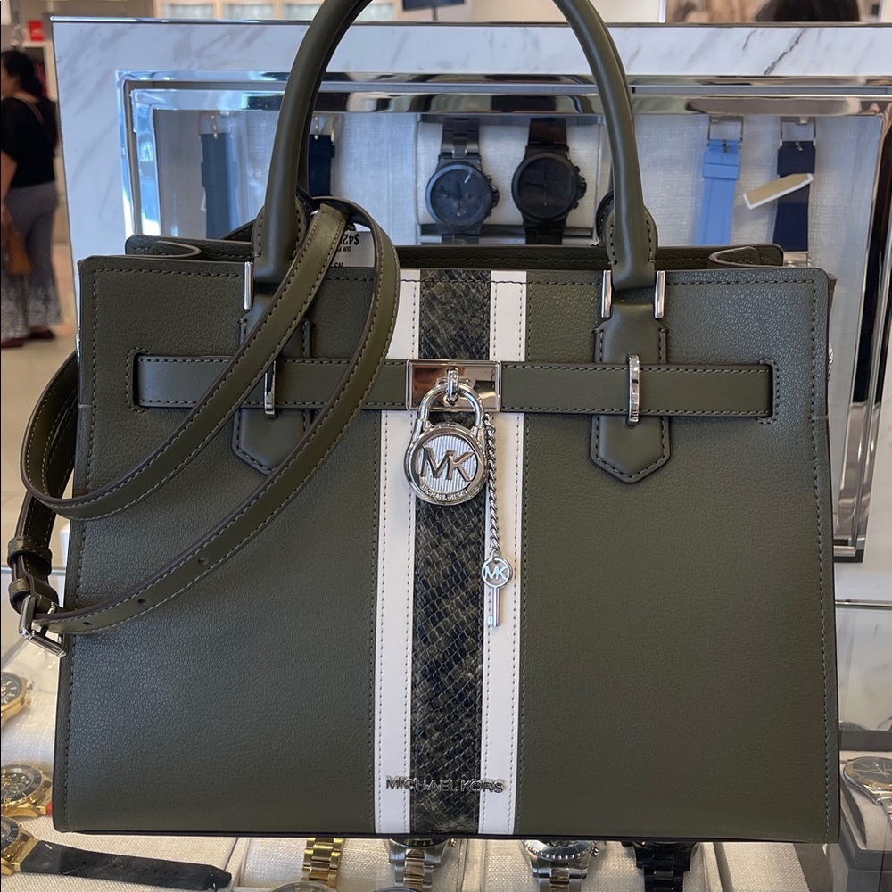 MICHAEL KORS Hamilton Md Leather and Snake Embossed Stripe Satchel
Olive 
NWT - Picture 15 of 16